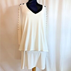 Joseph Ribkoff White Caged Arm Layered Knit Dress - Size 14 Large